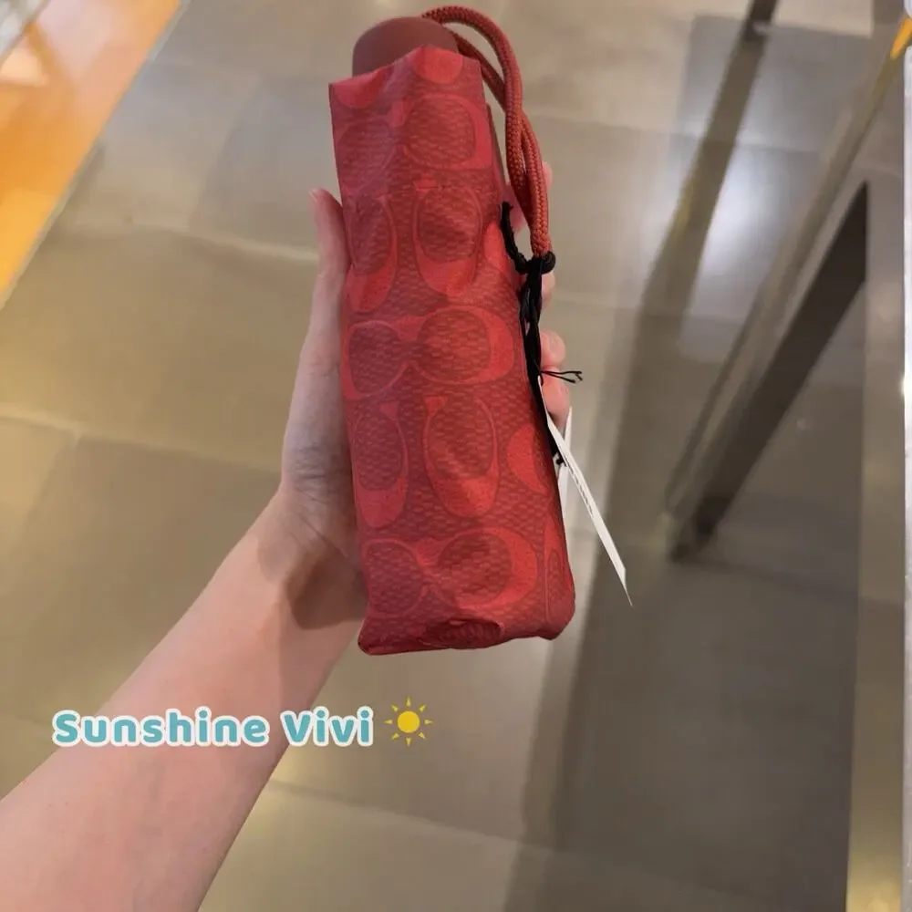 NWT Coach Uv Protection Mini Umbrella In Signature Print CZ197 Silver/Crimson